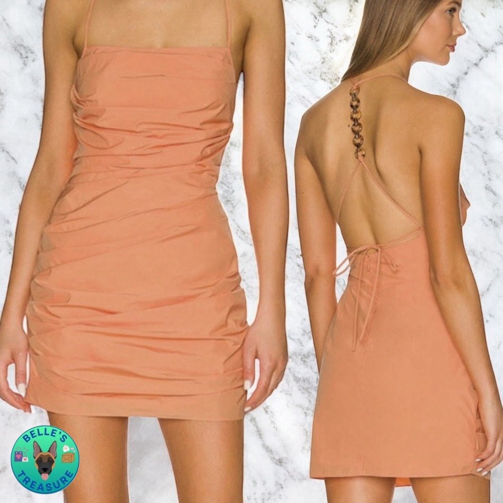 Amanda Uprichard Dress Womens Small Laconia Chain Ruched Mini Coral Lace Up Back